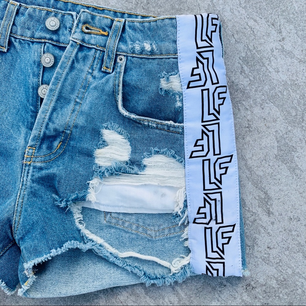 LF Destroyed High Waisted Vintage Logo Print Cheeky Mom Shorts